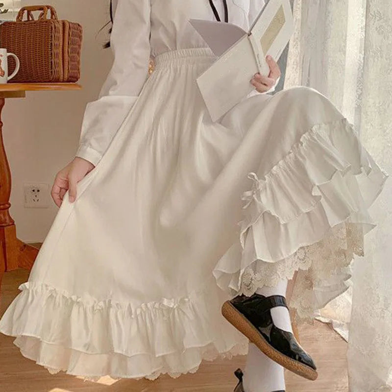 Ruffles Lace Trim Bow Maxi Skirt - Preppy A-Line
