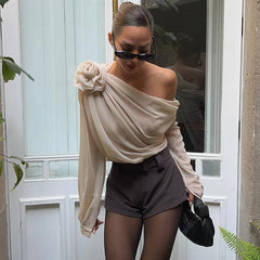 Floral Applique Mesh One Shoulder Long Sleeve Top
