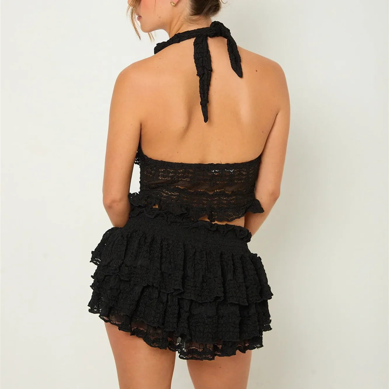 Lace Tie-Up Halter Neck Top & Elastic Waist Mini Skort Set - Sweet Style