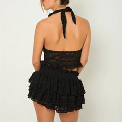 Lace Tie-Up Halter Neck Top & Elastic Waist Mini Skort Set - Sweet Style