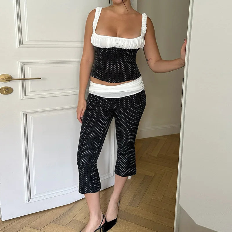 Black Polka Dot StrapTop And Capri Pants Two Piece Set