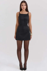 Satin Straight Neck Bow Strap Mini Dress