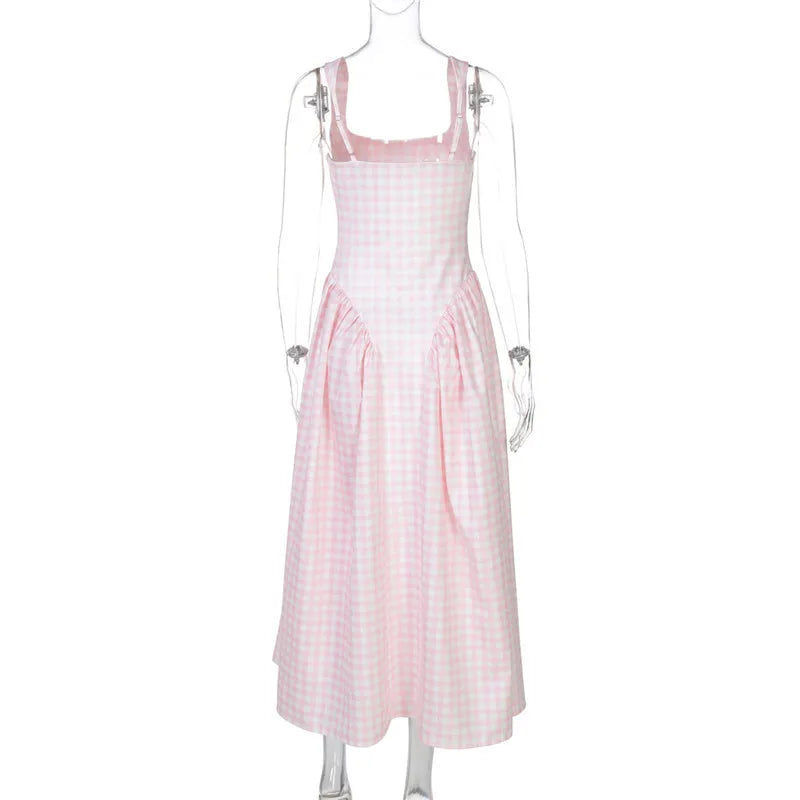 Plaid Printed Corset A-line Maxi Dress