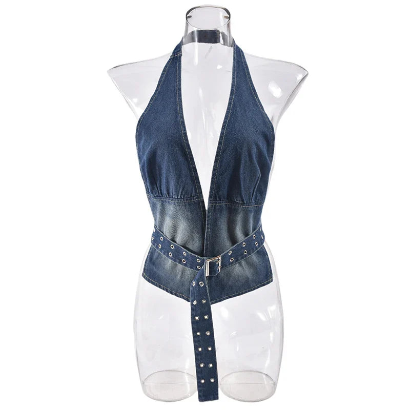 Denim Strap Plunge Open Back Halter Top
