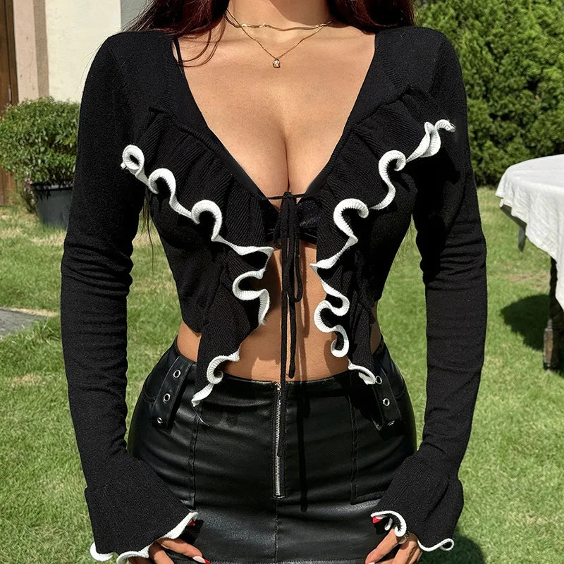 Black Long Sleeve Tie Up Ruffles Top