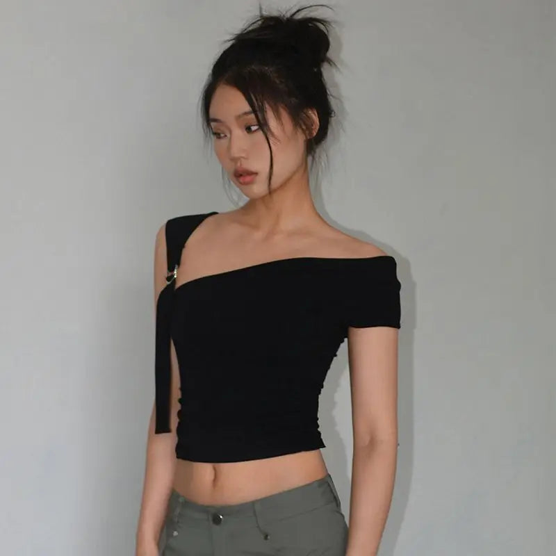 Asymmetric Strap Buckle Sleeve Crop Top