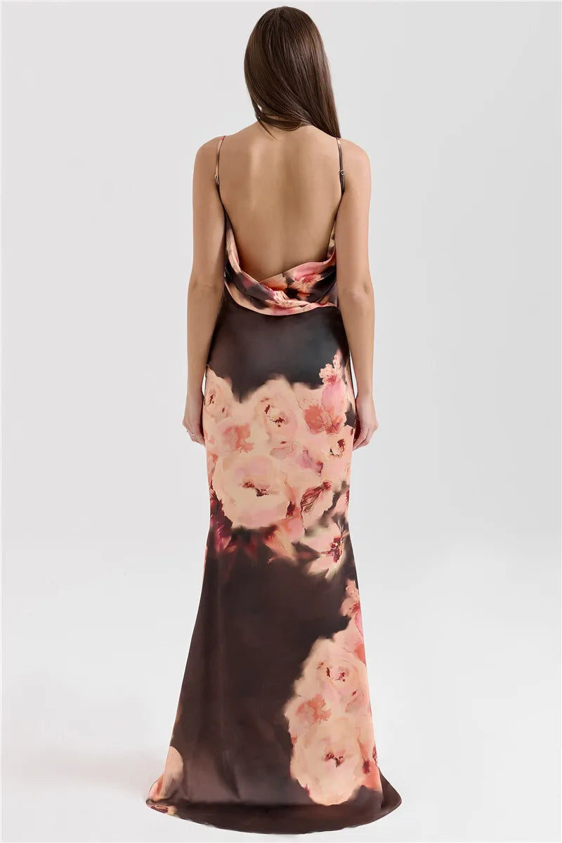 Brown Satin Floral Print Maxi Dress