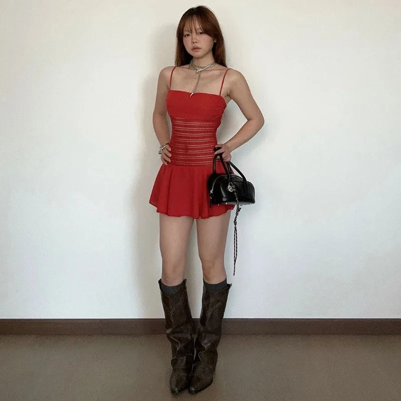 Red Mesh Patchwork Spaghetti Strap Low Cut Mini Dress