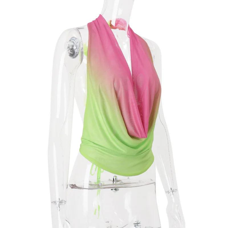 Gradient Halter Crop Top And Sequin Mini Skirt Set