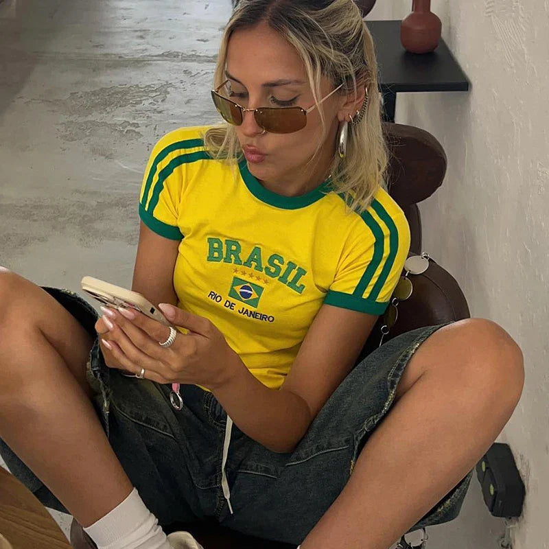 Brazil Flag Graphic Short Sleeve Crop Top - High Street Slim Fit