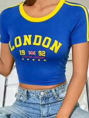 Blue London Letter Printed Crop Graphic T-shirt - Casual Regular Fit