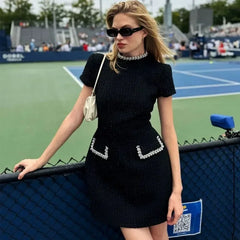 Tweed Solid Beaded Seam Mini Dress