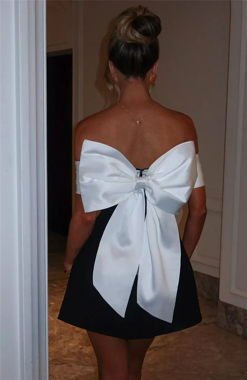 Black Off-shoulder Large Back Bow Mini Dress
