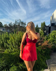 Two Tone Satin Back Lace Up Mini Dress