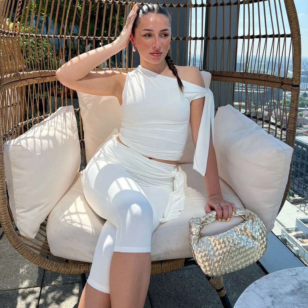 White One Shoulder Tie Up Top And Knee Length Pant Set