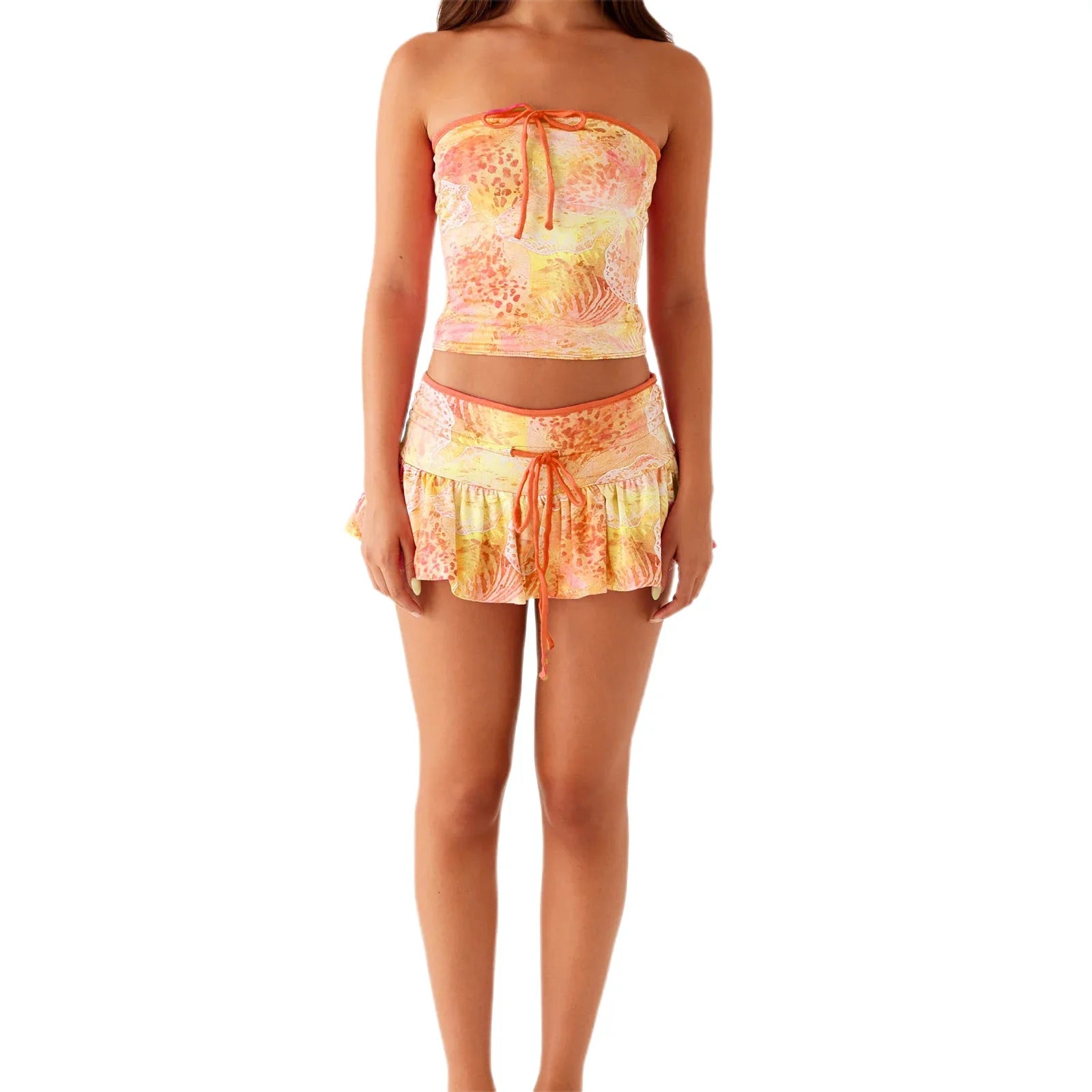 Printed Drawstring Tube Top And Mini Skirt Set
