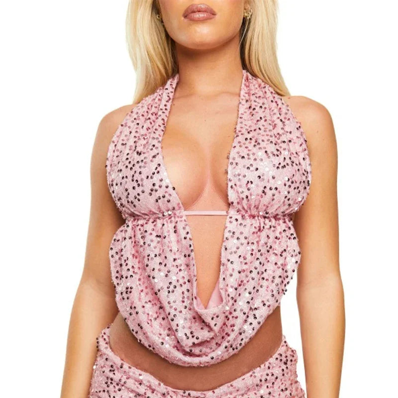 Sequins Deep Neck Halter Tank Top