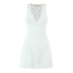 White V-neck Doily Embroidery Mini Dress