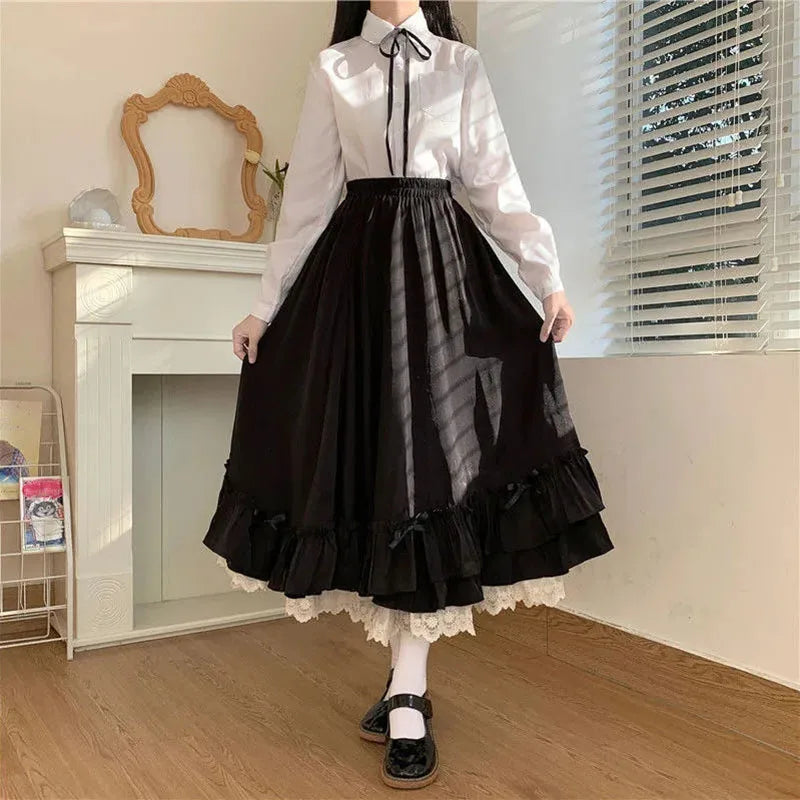 Ruffles Lace Trim Bow Maxi Skirt - Preppy A-Line