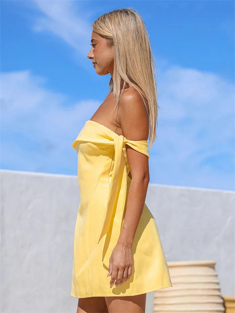 Off-shoulder Tie Up Solid Mini Dress