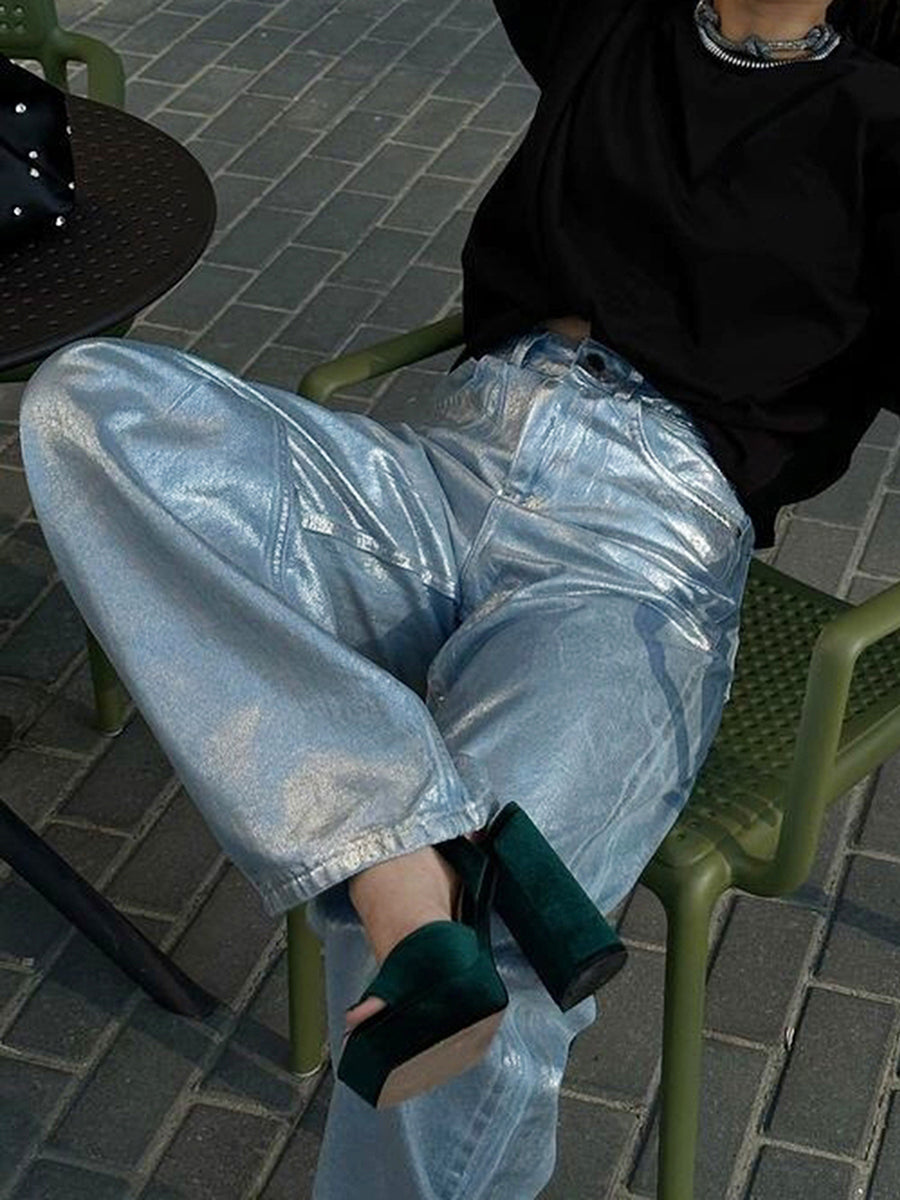 Metallic High Waist Denim Straight Leg Pants