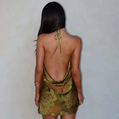 Green Printed Open Back Halter Mini Dress