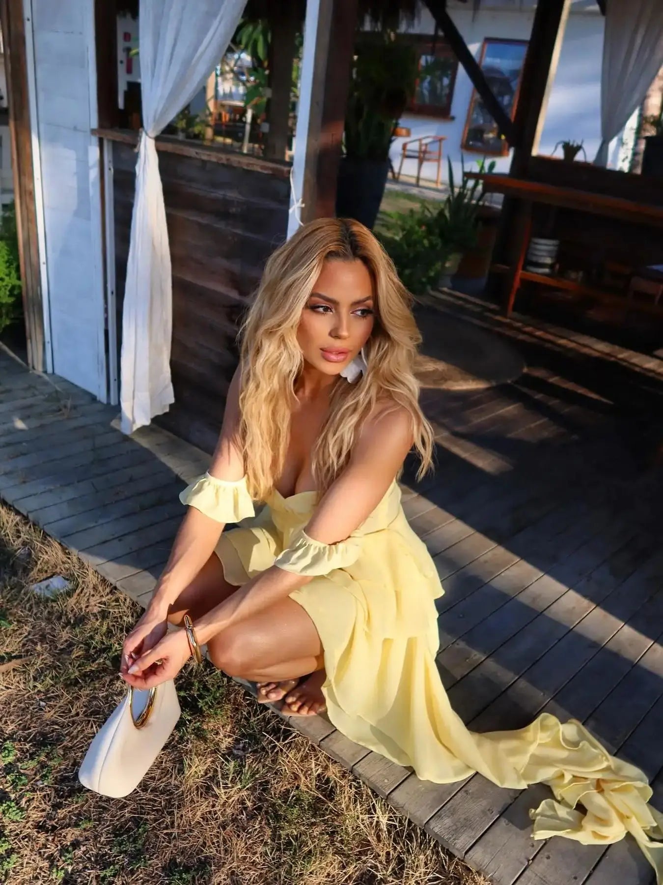 Yellow Ruffle Off Shoulder Layered Mini Dress