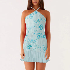 Sequin Halter Neck Frill Mini Dress