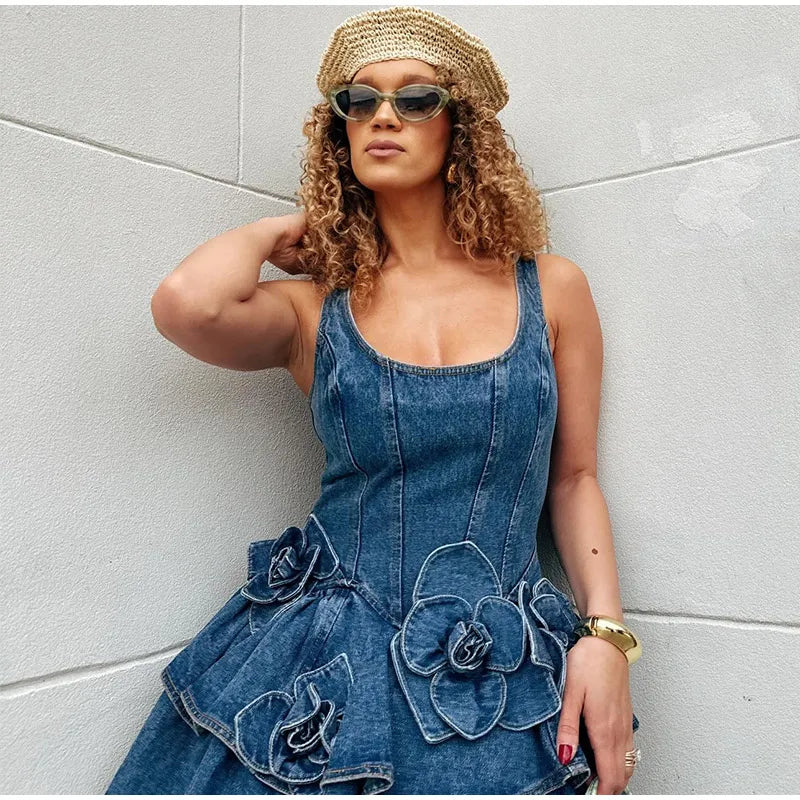 3D Flower Denim Mini Dress