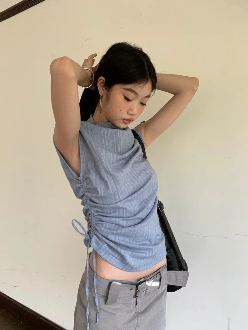 Striped Irregular Drawstring Lace Up High Neck Tees