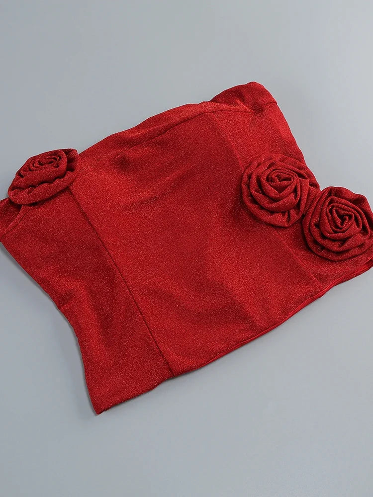 Red Flower 3d Tube Top And Maxi Skirt Two Piece Set