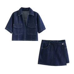 Demin Collar Crop Top and Skirt Set