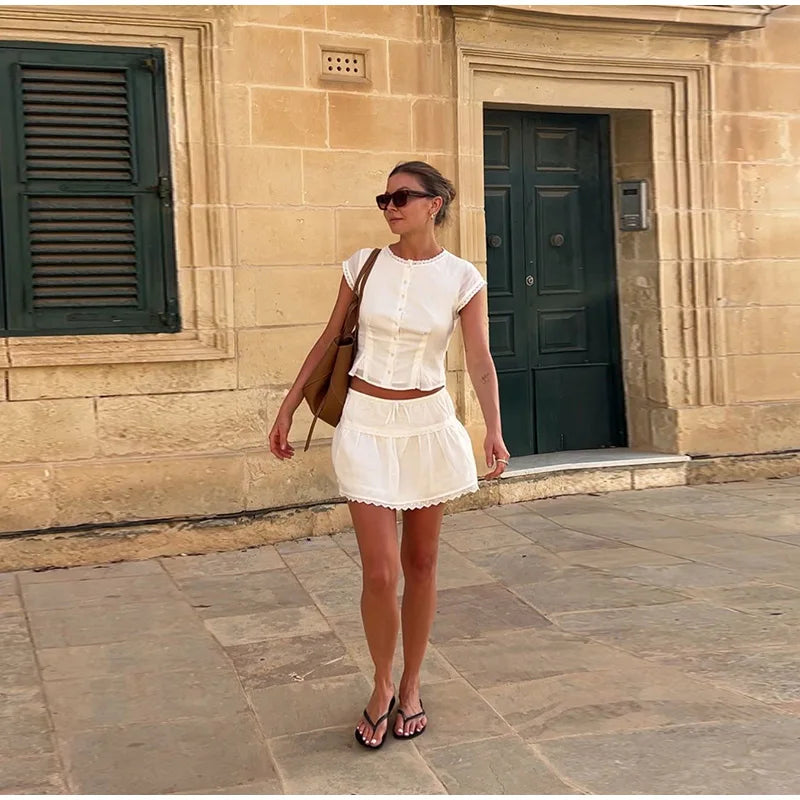 White Short Sleeve Top And Mini Skirt Set