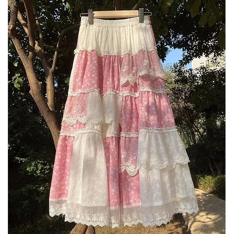 Pink Floral Lace Maxi Skirt - Y2K Loose Fit