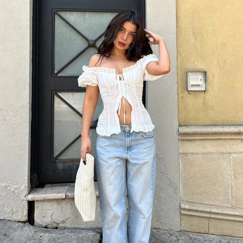 White Lace Up Tie Up Ruffle Top