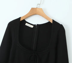 Ribbed Square Neck Long Sleeve Ribbion Mini Dress