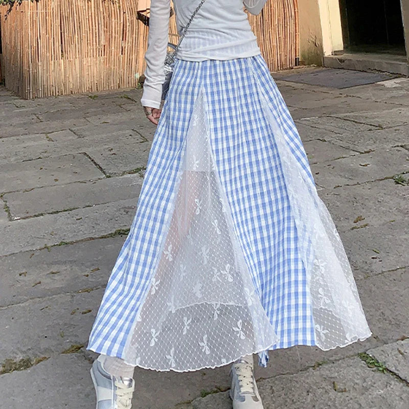 Lace Spliced Blue Plaid Long Skirt