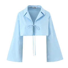 Flare Tie Up Cropped Shirt And Drawstring Shorts Set
