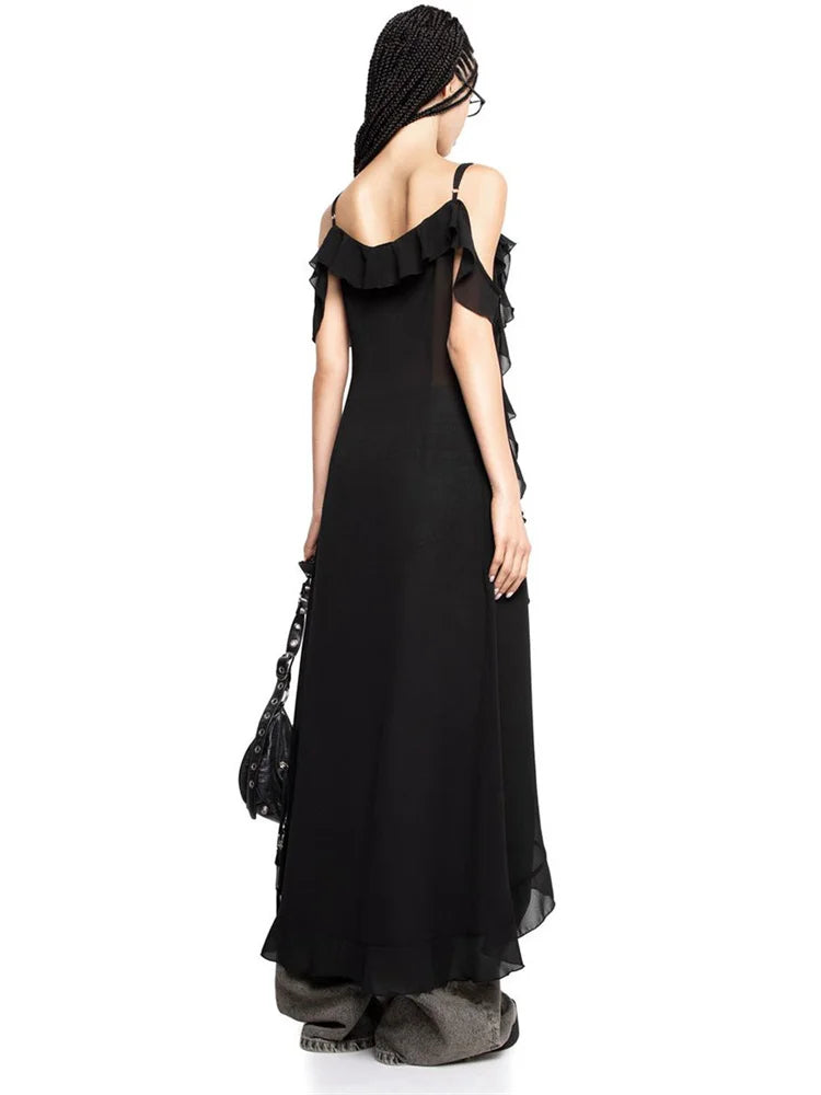 Ruffled Fringe Strap V-Neck Long Top