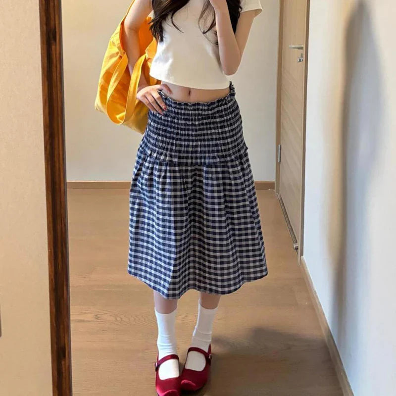 Blue Elastic High Waist Plaid Skirt - Casual A-Line