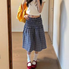 Blue Elastic High Waist Plaid Skirt - Casual A-Line
