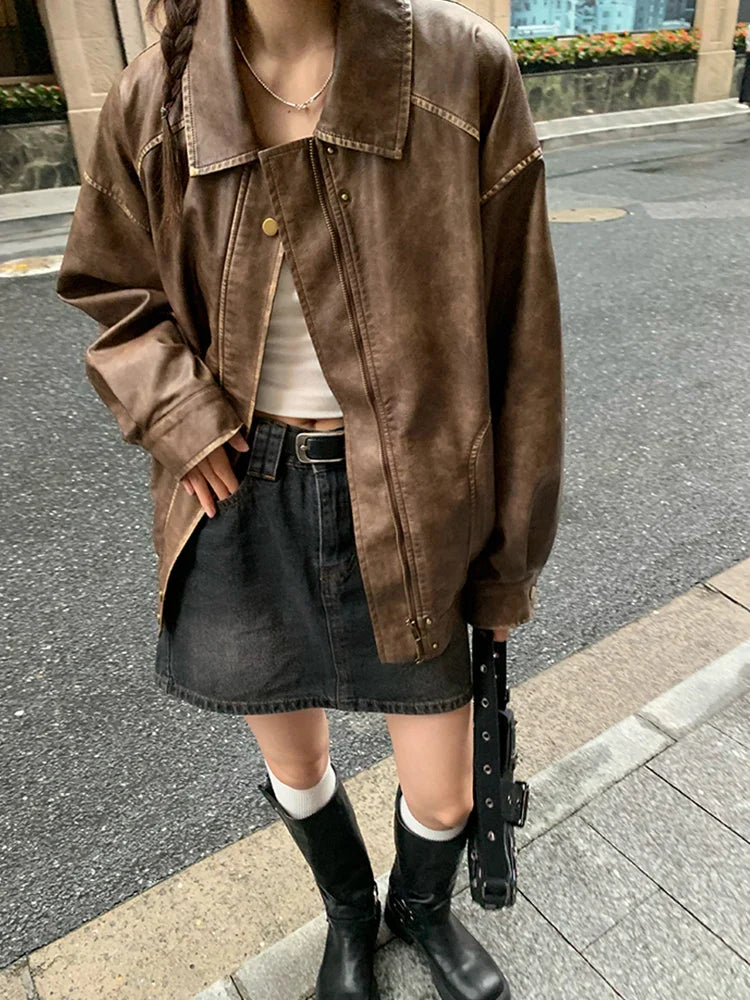 Faux Leather Zipper Over-shirt Jacket