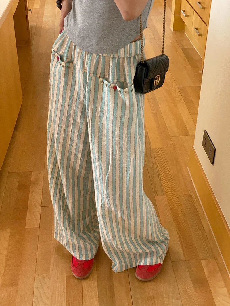 Blue Striped Wide Leg Pants
