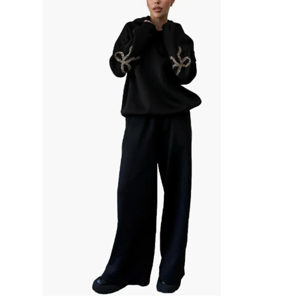 Bow Print Loose Fit Hoodie & Tracksuit Set - Women's Basics
