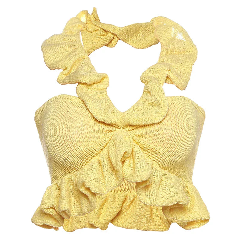 Yellow Crochet Ruffles Halter Crop Top