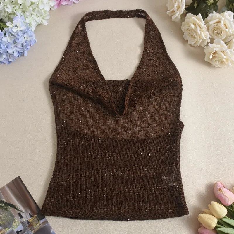 Brown Knit Sheer Halter Deep Neck Sequin Top