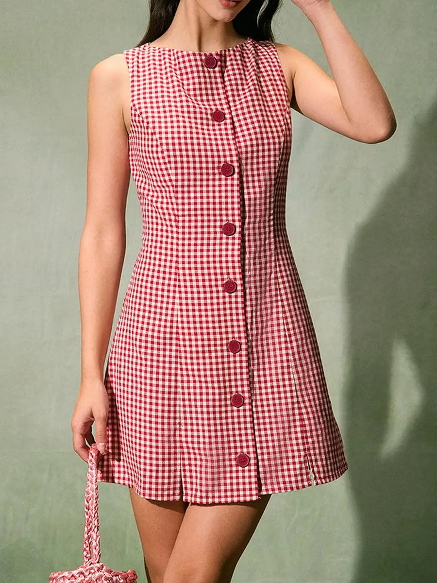 Red Plaid Buttoned Tank Mini Dress