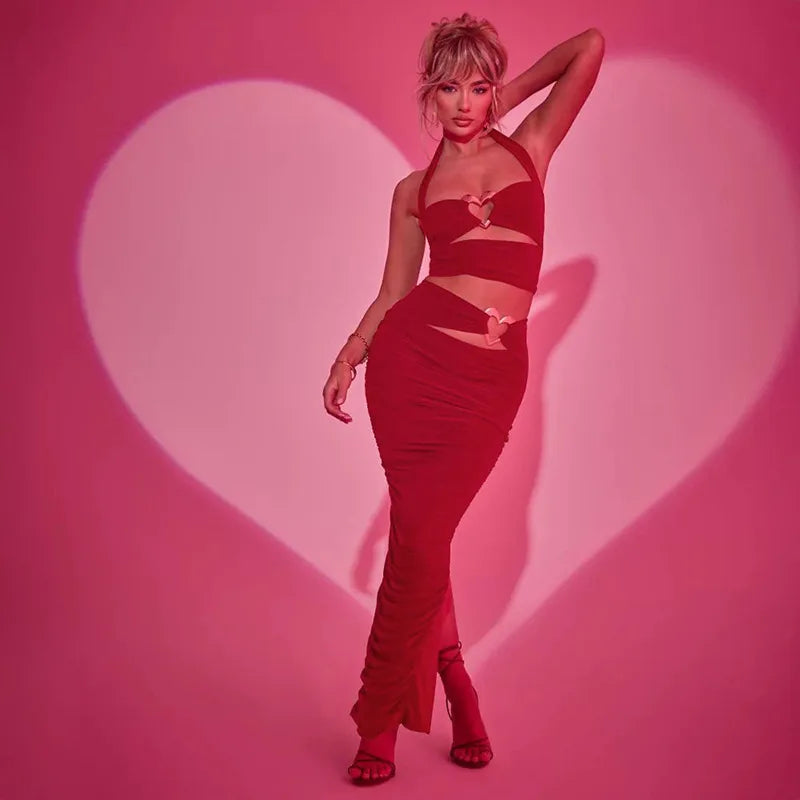 Red Heart Cut Out Halter Top And Maxi Skirt Set
