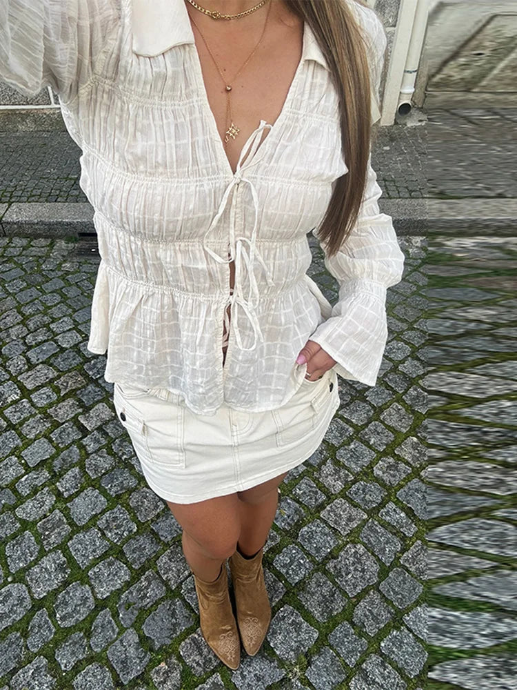 White Ruched Tie Up Long Sleeve Top