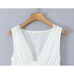 White V-neck Doily Embroidery Mini Dress
